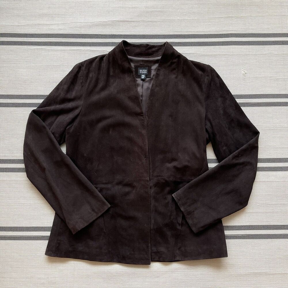 Eileen Fisher Goat Suede Leather Women’s Jacket Size M Dark Brown Closet Staple